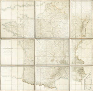 Carte hydrographique de la France présentant l’ensemble des voies navigables et des chemins de fer.