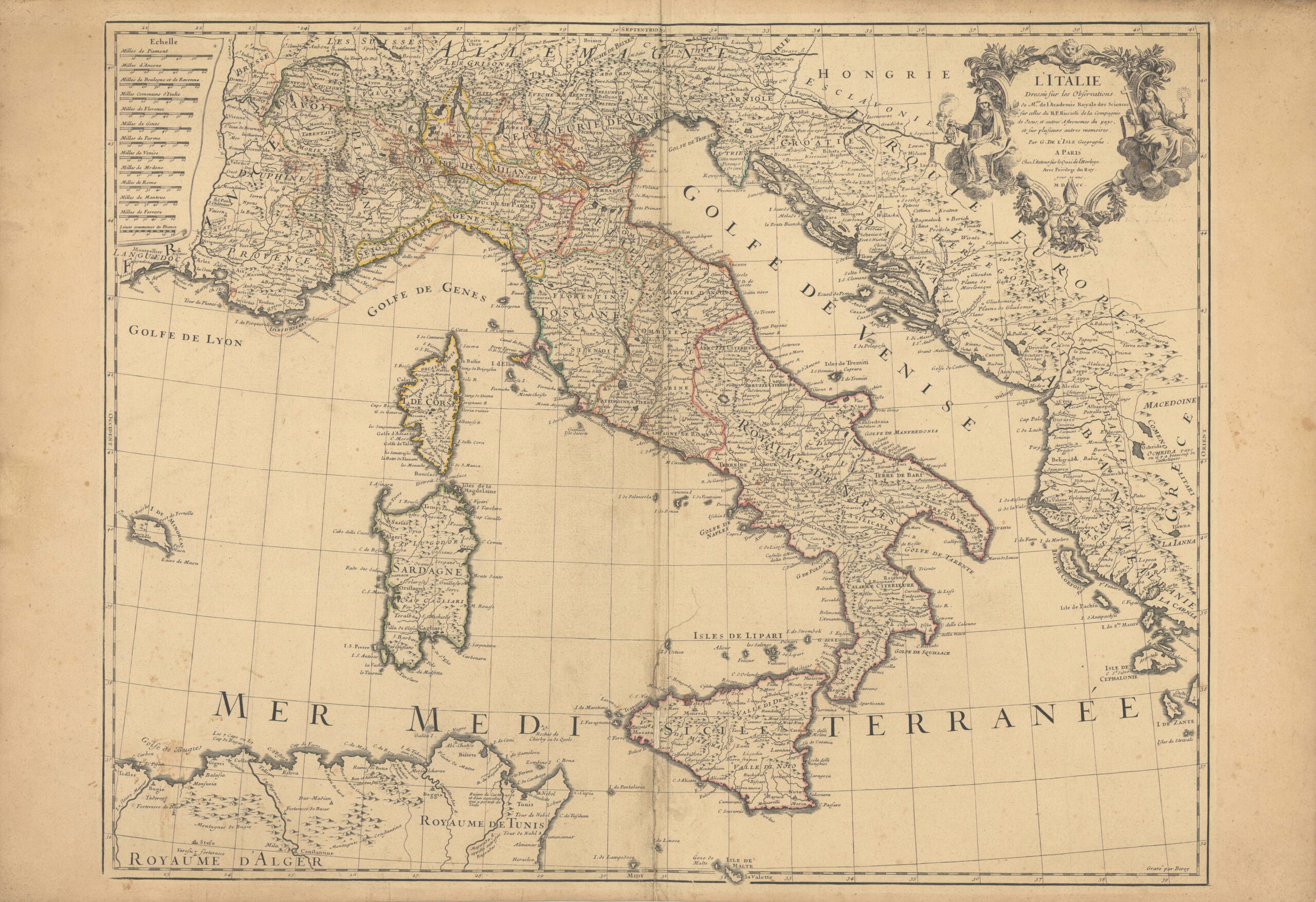 L'Italie dressée sur les observations de Mrs. de L'académie Royales des Sciences, sur celles du R.P. Riccioli [...]