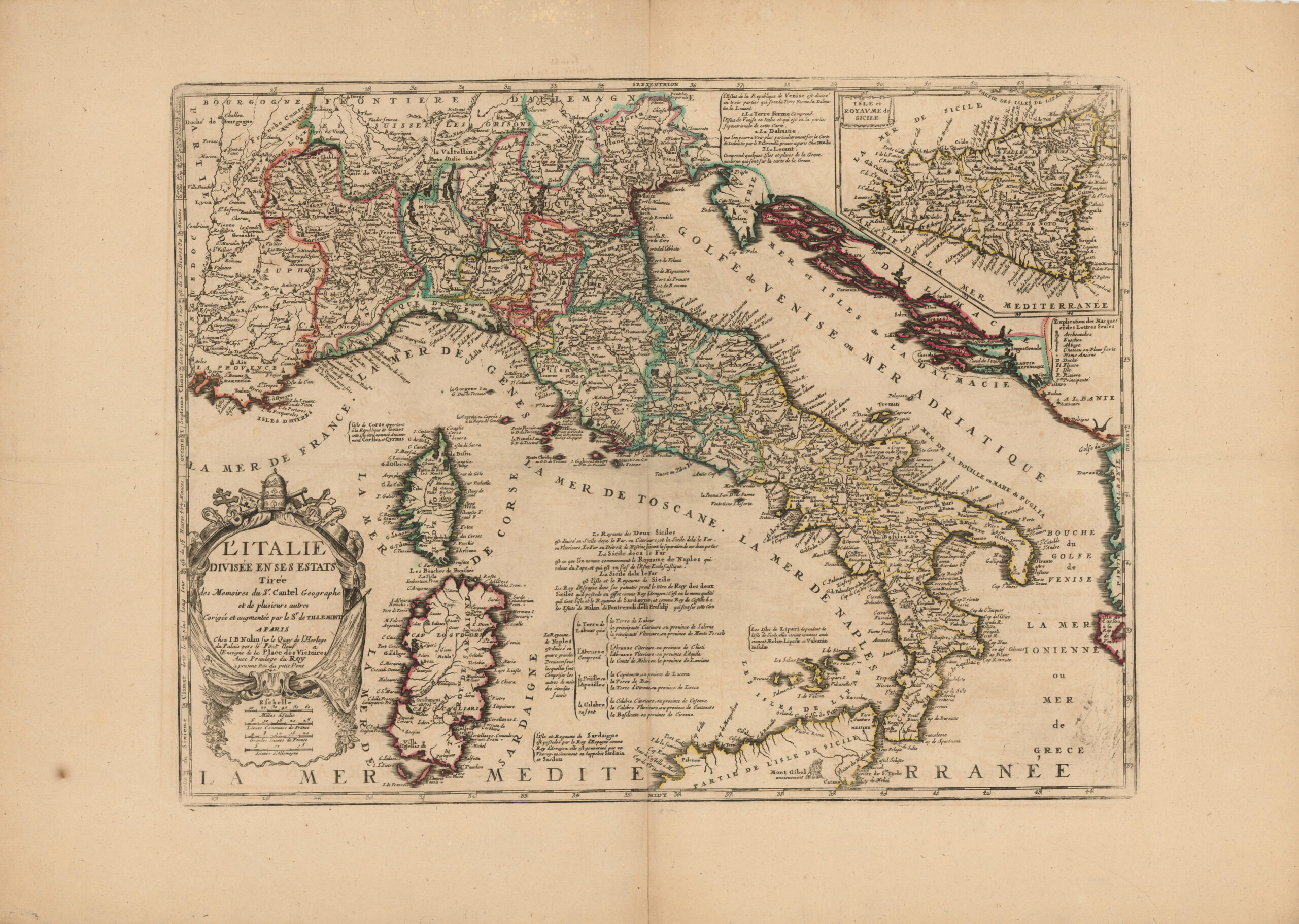 L'Italie divisée en ses estats tirée des mémoires du Sr. Cantel... corrigée et augmentée par le Sr. de Tillemont