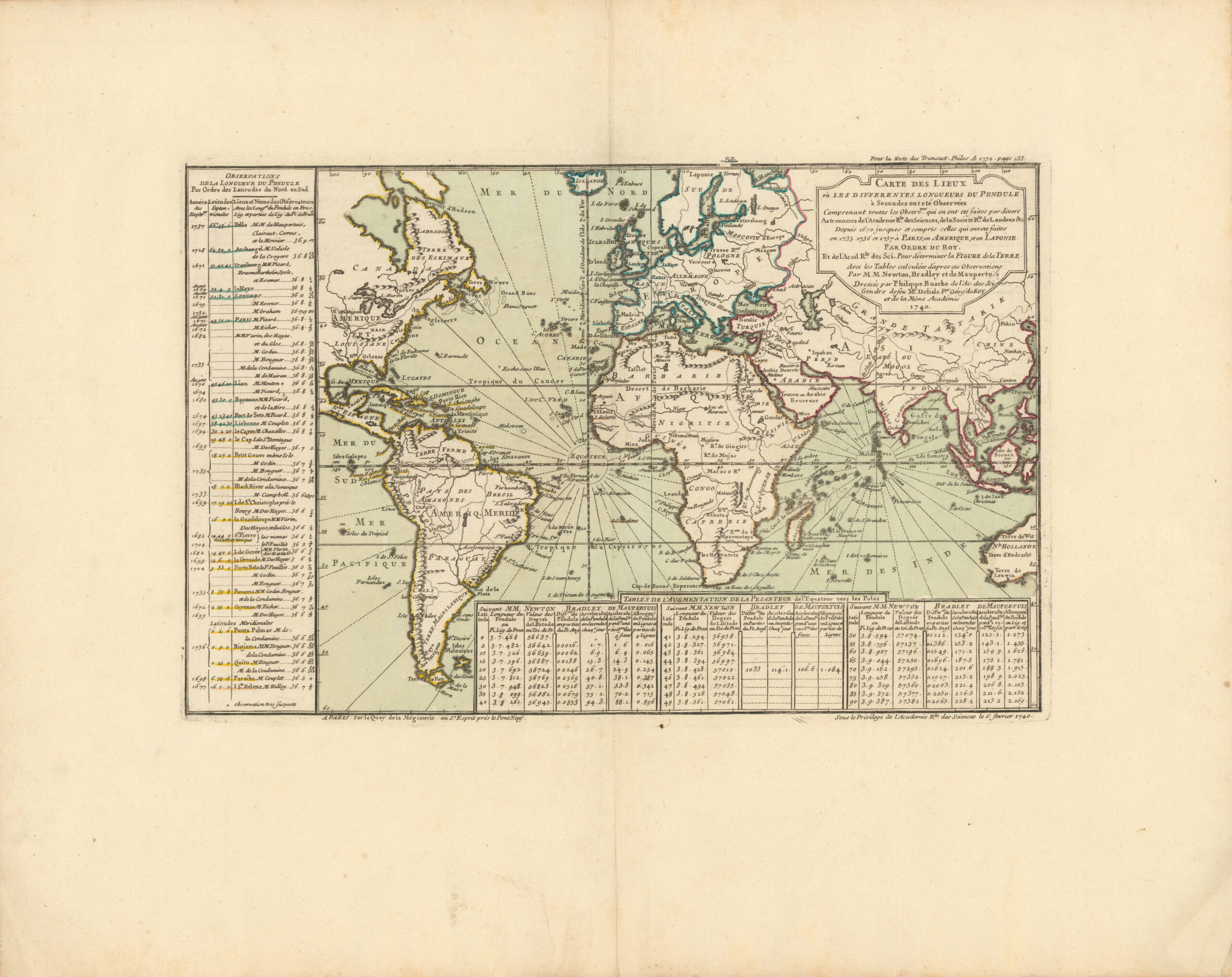 Carte des lieux où les différentes longueurs du pendule à seconde ont été observées...