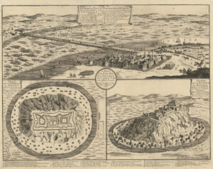 [Vue du pont et forteresse d'Esseck], [Plan et profil de la forteresse de Mongast]