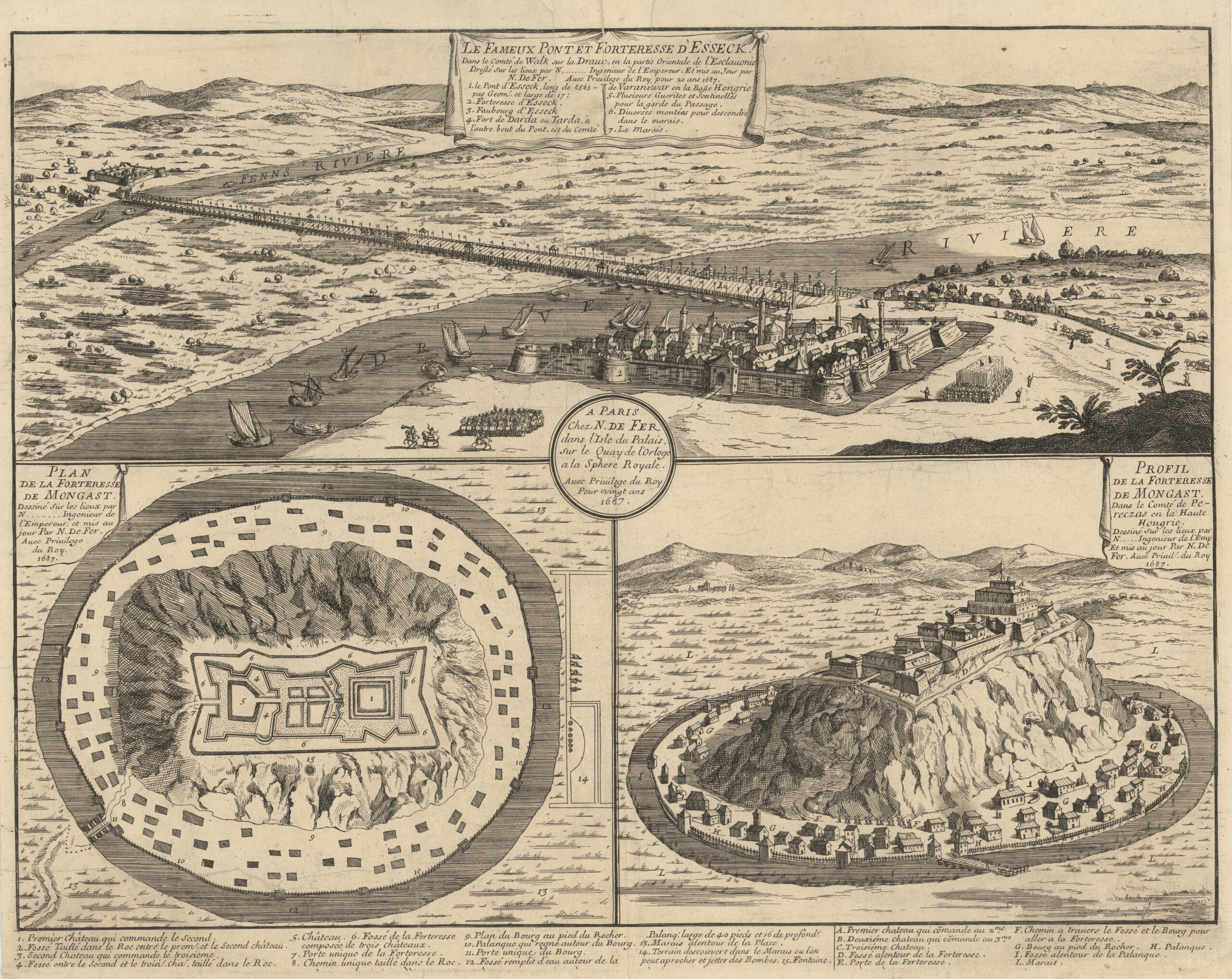 [Vue du pont et forteresse d'Esseck], [Plan et profil de la forteresse de Mongast]